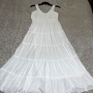 Metro 22 White Cotton Lace Tiered Maxi Dress Womens Large Boho Smocked Back D31